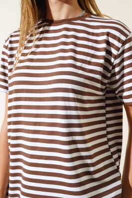 Çizgili Viskon Salaş T-shirt Kahve - Thumbnail