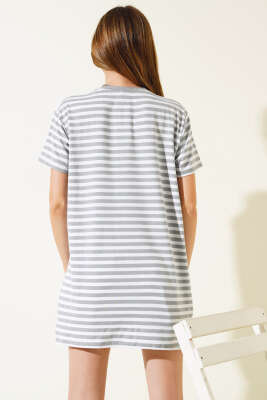 Çizgili Viskon Salaş T-shirt Gri - Thumbnail