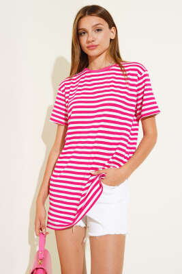 Çizgili Viskon Salaş T-shirt Fuşya - Thumbnail