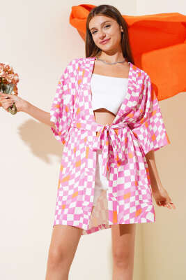 Fakir Kol Desenli Kimono Pembe - Thumbnail