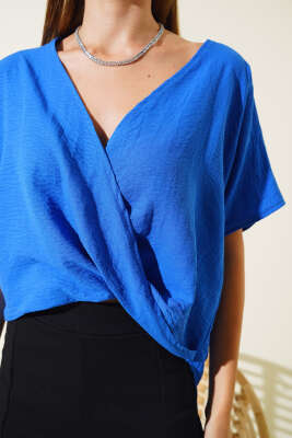 Kruvaze Yaka Salaş Bluz Saks - Thumbnail