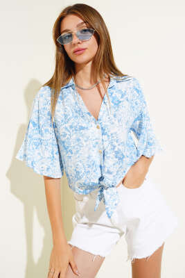 Desenli Önü Bağlamalı Gömlek Mavi - Thumbnail
