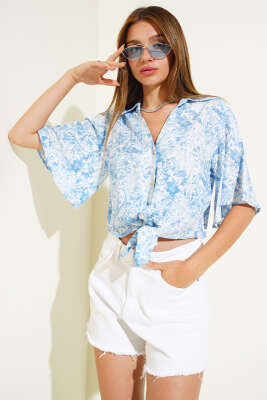 Desenli Önü Bağlamalı Gömlek Mavi - Thumbnail