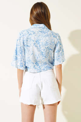 Desenli Önü Bağlamalı Gömlek Mavi - Thumbnail