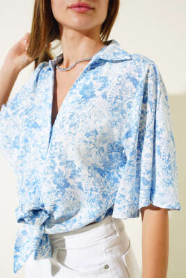 Desenli Önü Bağlamalı Gömlek Mavi - Thumbnail