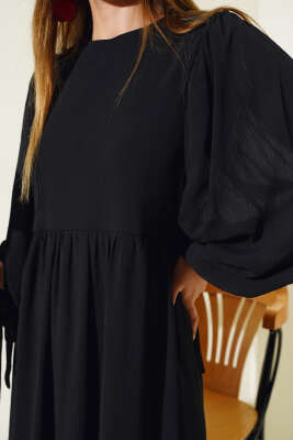 Kol Bağlamalı Tül Elbise Siyah - Thumbnail