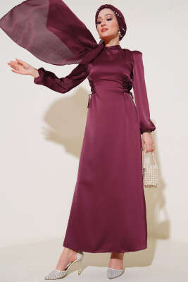 Pazarium - Yanları İp Detaylı Saten Elbise Bordo