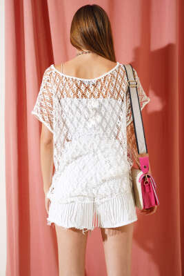 Püsküllü File Pareo Beyaz - Thumbnail