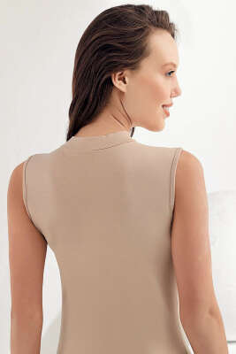 Şahinler Bayan Likralı Kolsuz Dik Yaka Body Bej - Thumbnail