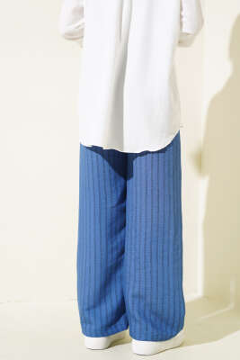 Çizgili Pileli Bol Paça Pantolon İndigo - Thumbnail