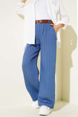 Çizgili Pileli Bol Paça Pantolon İndigo - Thumbnail