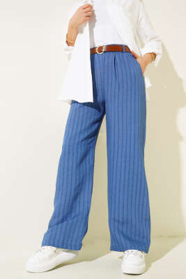 Çizgili Pileli Bol Paça Pantolon İndigo - Thumbnail