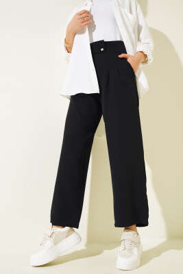 Çift Metal Düğmeli Pantolon Siyah - Thumbnail