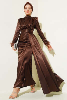 Piliseli Tüylü Manşet Elbise Acı Kahve - Thumbnail