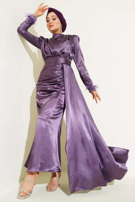 Piliseli Tüylü Manşet Elbise Menekşe - Thumbnail