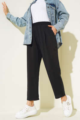 Pileli Bel Lastikli Pantolon Siyah - Thumbnail