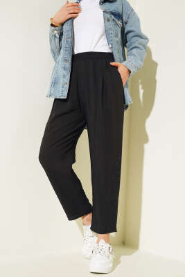 Pileli Bel Lastikli Pantolon Siyah - Thumbnail