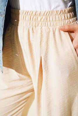 Pileli Bel Lastikli Pantolon Bej - Thumbnail