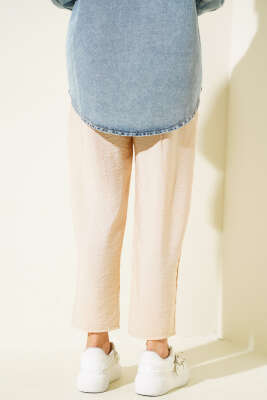 Pileli Bel Lastikli Pantolon Bej - Thumbnail