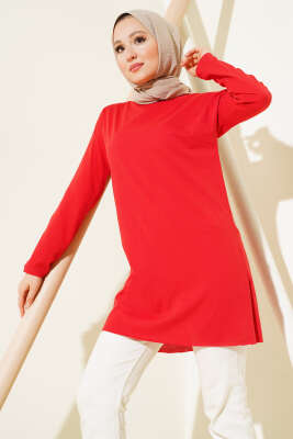 Düz Uzun Kol Tunik Kırmızı - Thumbnail