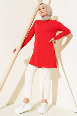 Düz Uzun Kol Tunik Kırmızı - Thumbnail