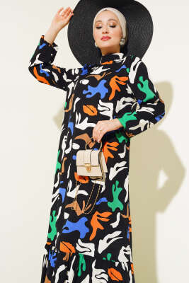 Karışık Desen Viskon Elbise Siyah - Thumbnail