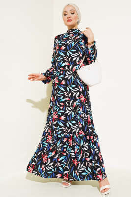 Pazarium - Karışık Desen Viskon Elbise Siyah Mavi