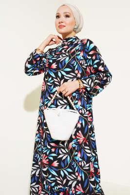 Karışık Desen Viskon Elbise Siyah Mavi - Thumbnail