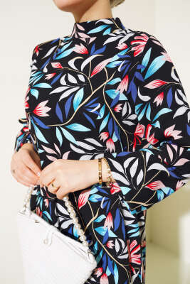 Karışık Desen Viskon Elbise Siyah Mavi - Thumbnail