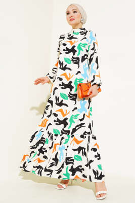 Karışık Desen Viskon Elbise Krem - Thumbnail