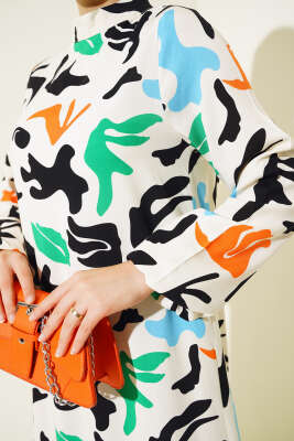 Karışık Desen Viskon Elbise Krem - Thumbnail