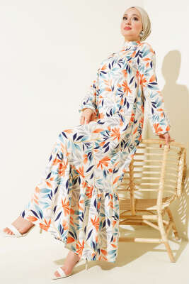 Karışık Desen Viskon Elbise Bej - Thumbnail