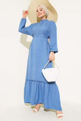 Yaka Fırfırlı Volanlı Elbise İndigo - Thumbnail