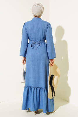 Yaka Fırfırlı Volanlı Elbise İndigo - Thumbnail