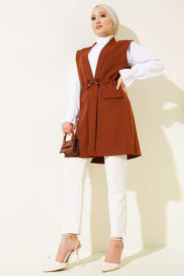 Sahte Cepli Tünelli Yelek Kahve - Thumbnail