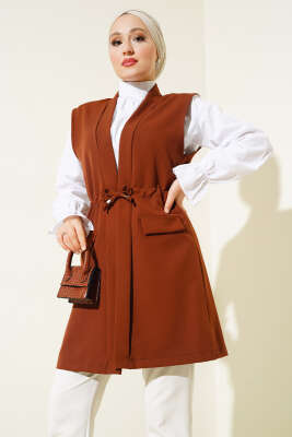 Pazarium - Sahte Cepli Tünelli Yelek Kahve