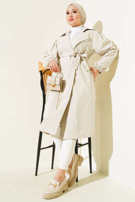 Kuşaklı Balon Kol Trençkot Taş - Thumbnail