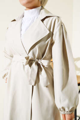 Kuşaklı Balon Kol Trençkot Taş - Thumbnail