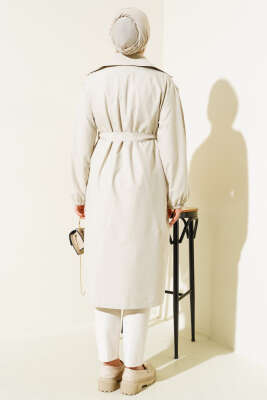 Kuşaklı Balon Kol Trençkot Taş - Thumbnail