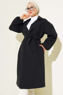 Kuşaklı Balon Kol Trençkot Siyah - Thumbnail