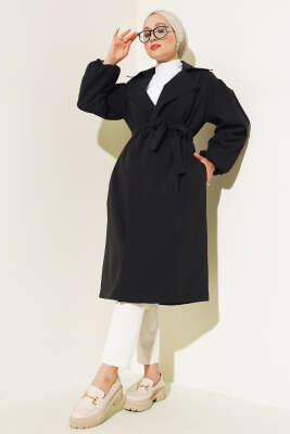 Kuşaklı Balon Kol Trençkot Siyah - Thumbnail