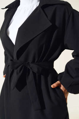 Kuşaklı Balon Kol Trençkot Siyah - Thumbnail