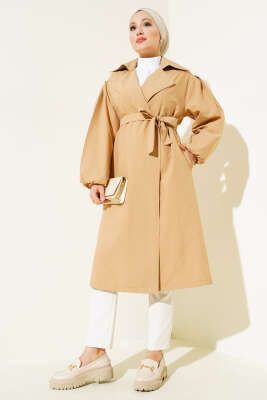 Kuşaklı Balon Kol Trençkot Camel - Thumbnail