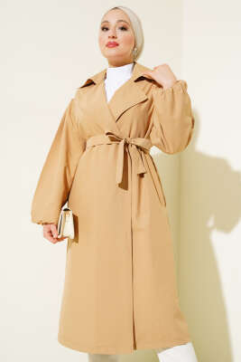Kuşaklı Balon Kol Trençkot Camel - Thumbnail