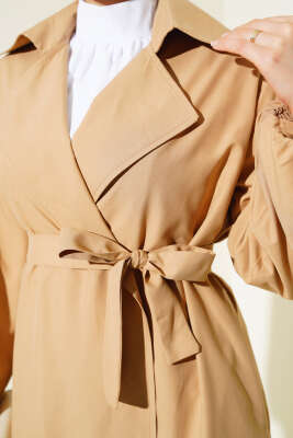 Kuşaklı Balon Kol Trençkot Camel - Thumbnail