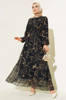 Şifon Bel Lastikli Elbise Siyah Latte - Thumbnail
