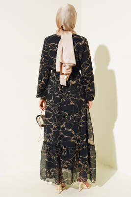 Şifon Bel Lastikli Elbise Siyah Latte - Thumbnail