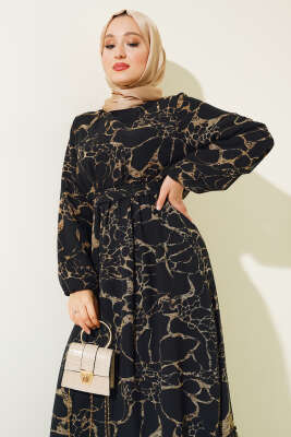 Şifon Bel Lastikli Elbise Siyah Latte - Thumbnail