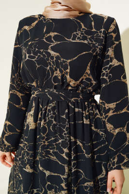 Şifon Bel Lastikli Elbise Siyah Latte - Thumbnail