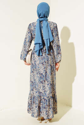 Etnik Desen Volanlı Elbise İndigo - Thumbnail